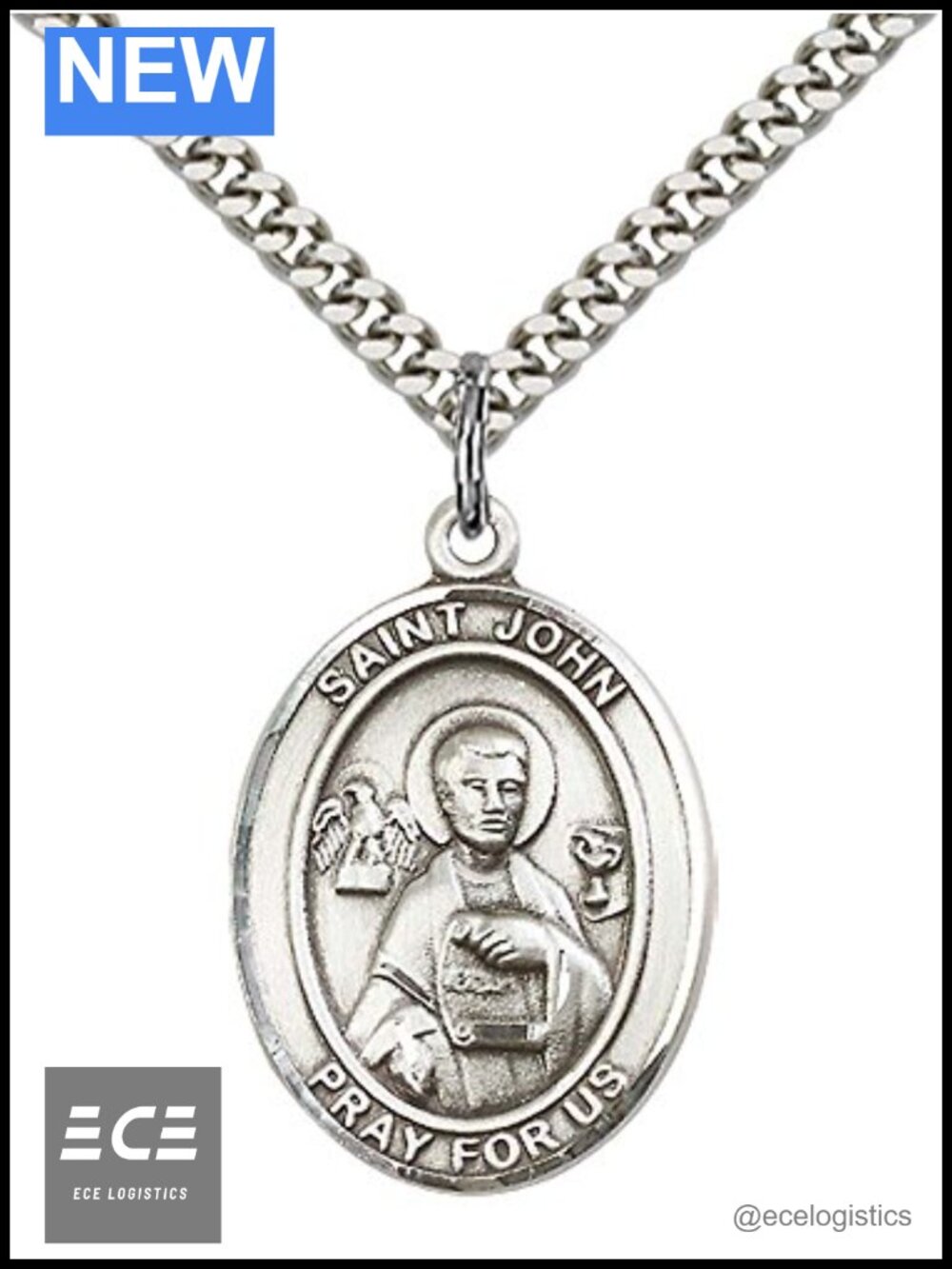 Sterling Silver St. John Apostle Oval Pendant Necklace 24" Curb Chain